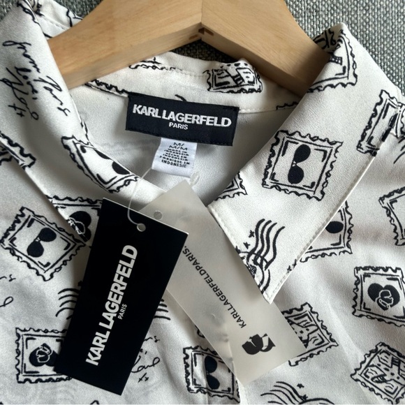 Karl Lagerfeld White Button-Up Shirt with Paris France postcard Print - Picture 4 of 8